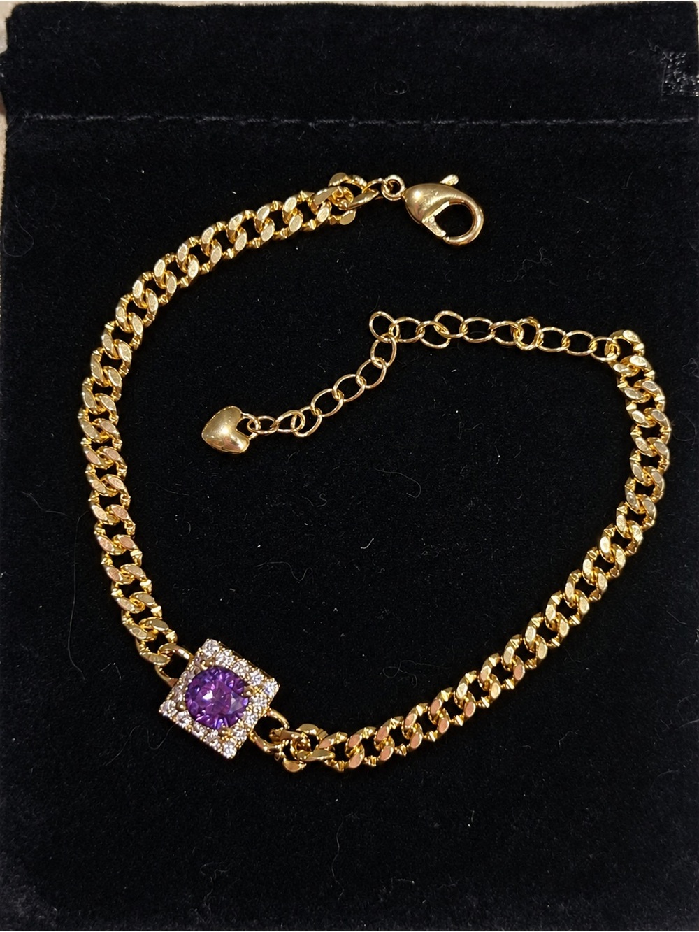 Gold Plated Miami Cuban Chain Bracelet with Purple Gemstone Accent